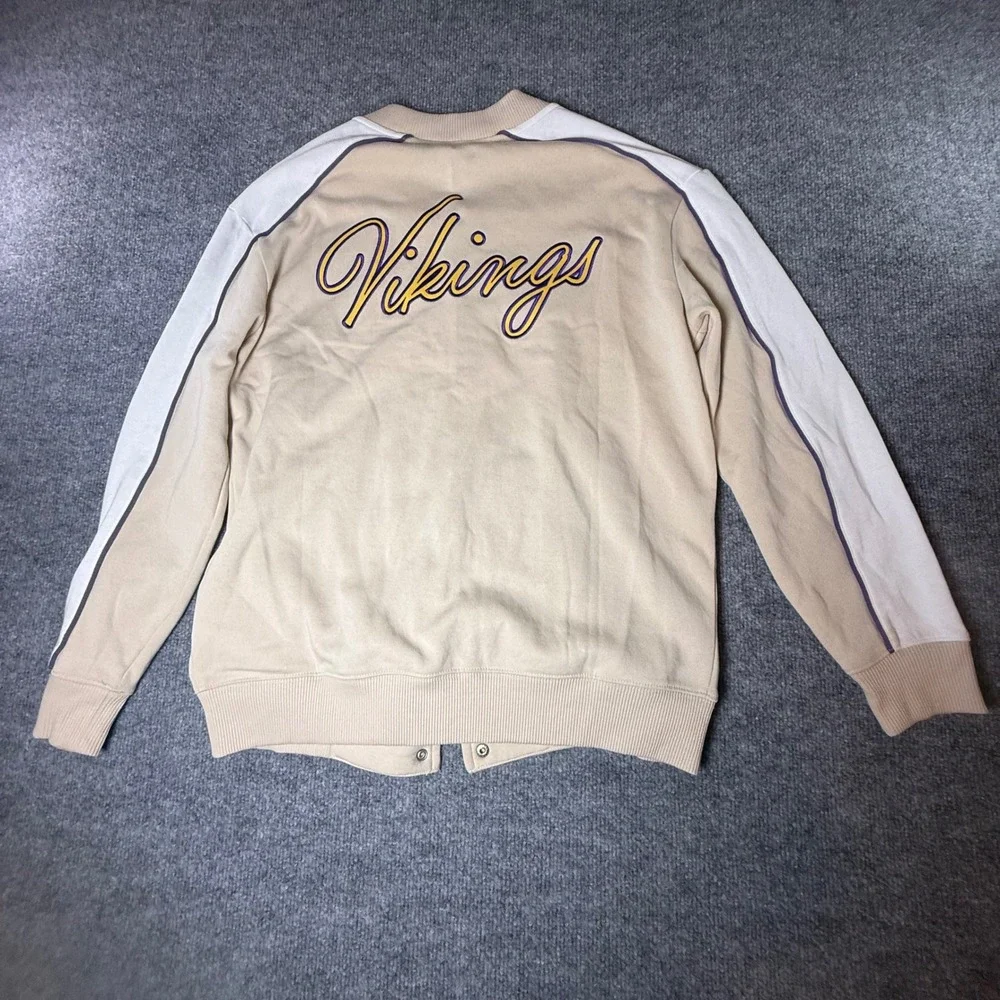 Fanatics Minnesota Vikings Womens‎ Small Varsity Jacket Tan Snap Front NFL Logo